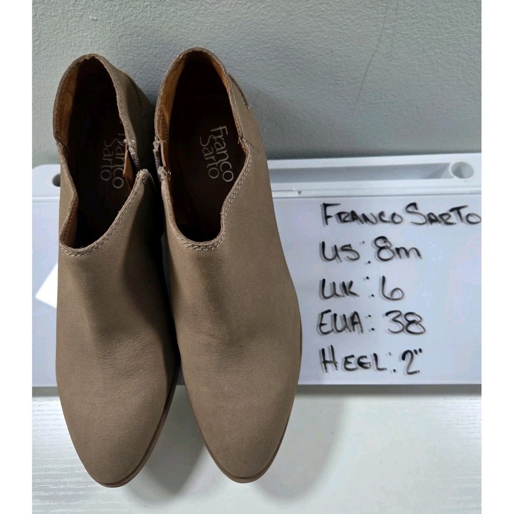 Franco Sarto Ankle Booties Leather Beige Tan 2" Block Heel Almond Toe 8M NWOB